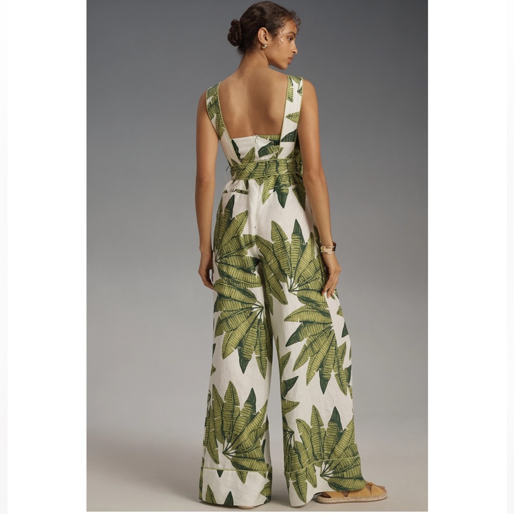 Farm Rio Palm Fan Off-White Jumpsuit NWT Size M Linen - Picture 2 of 15